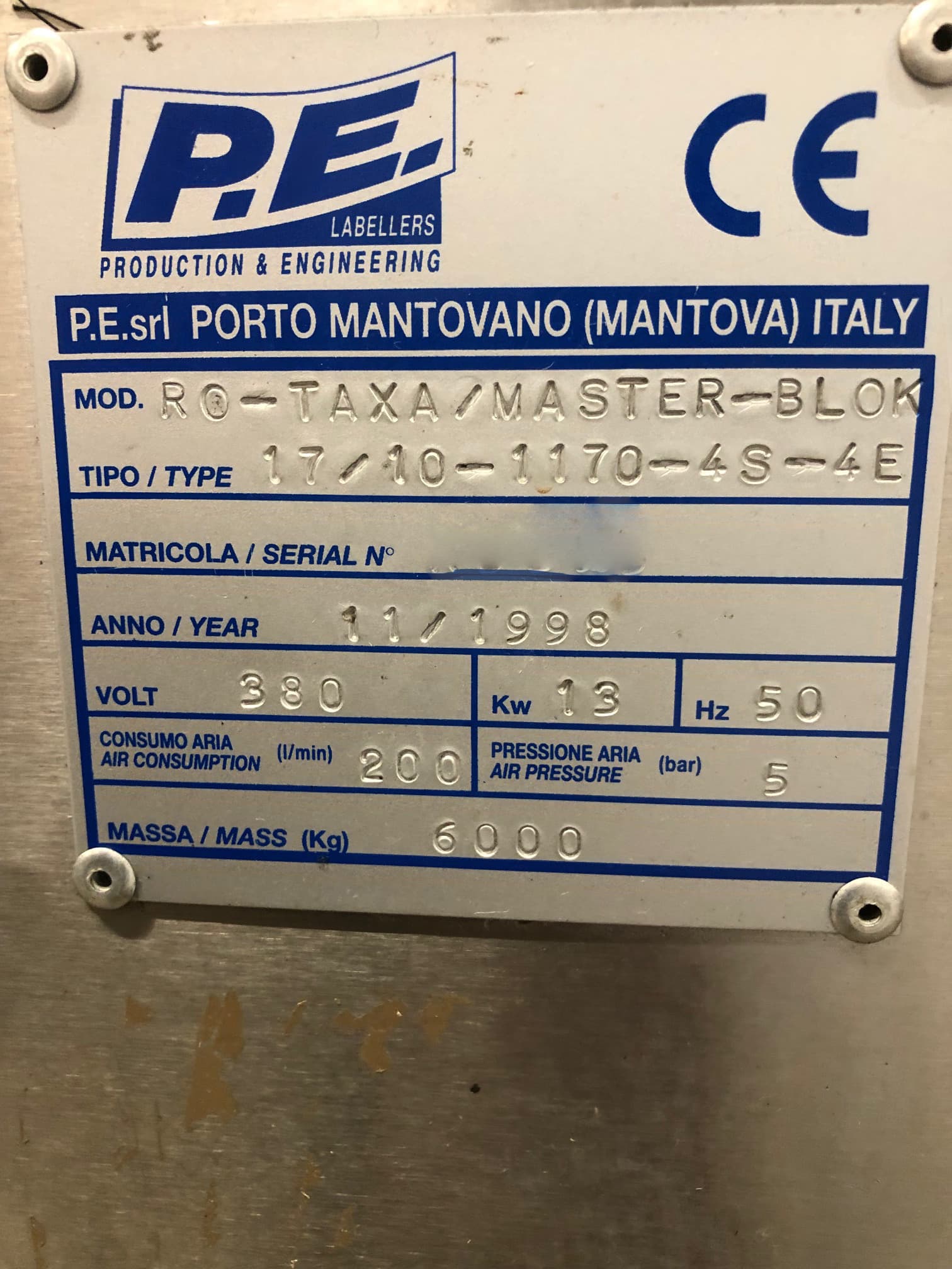 Targa dati delle etichettatrici PE RO-TAXA/Master-BLOK