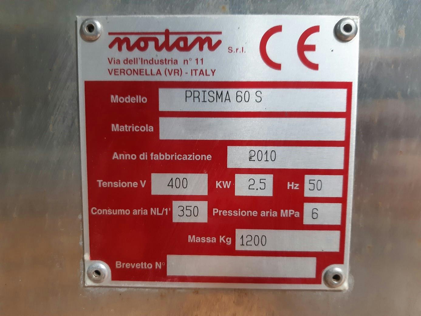 Targa dati of Nortan Prisma S60